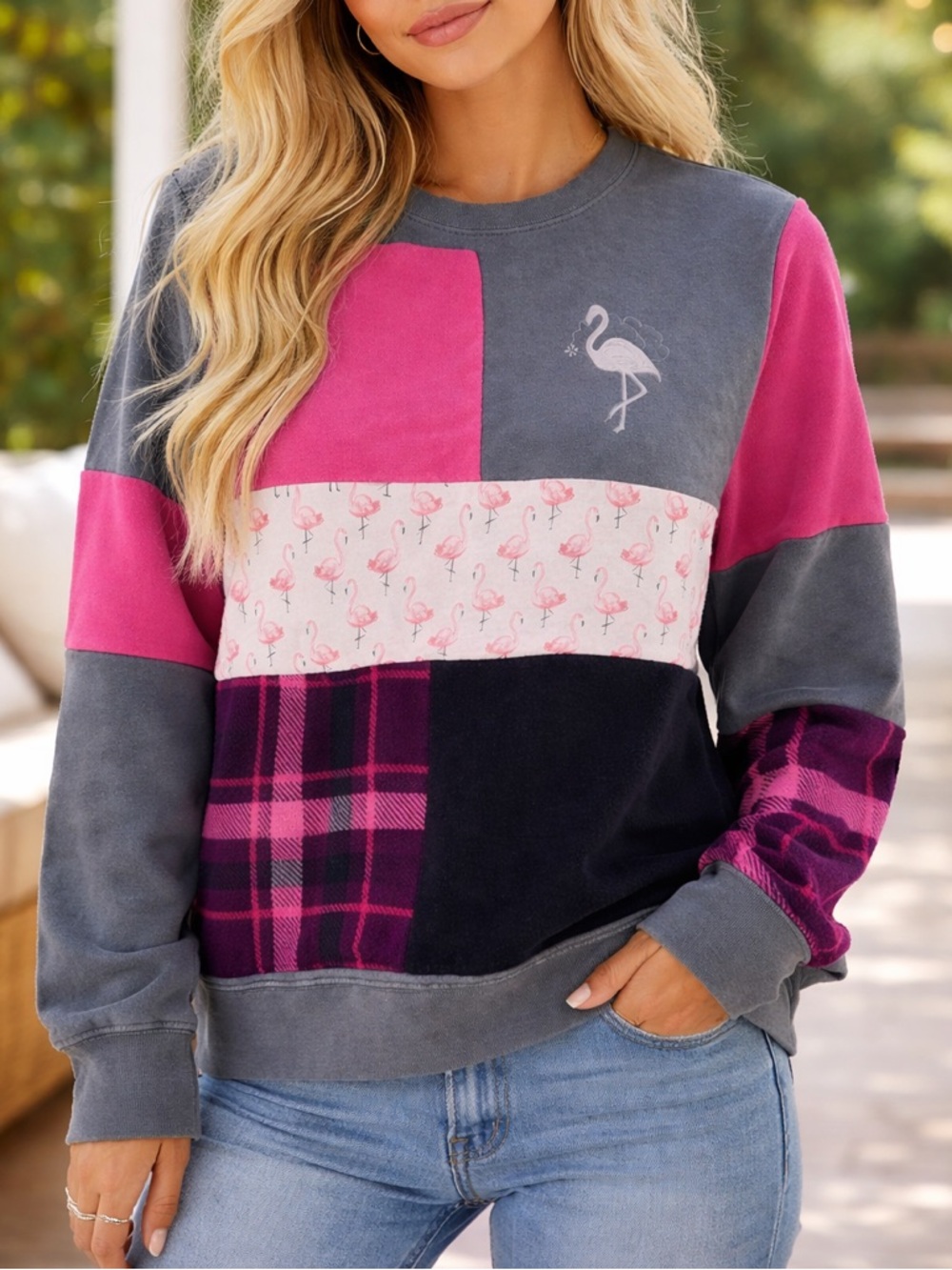 Gray & Pink Flamingo Patchwork Crewneck Sweatshirt Get Your Pink Back